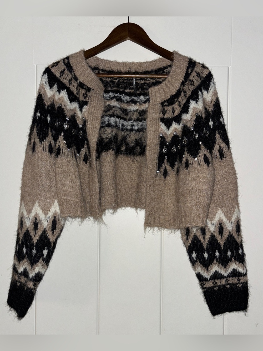 BY Anthropologie Nordic Fair Isle Crop Chunky Knit Cardigan Sweater OS Boho Chic